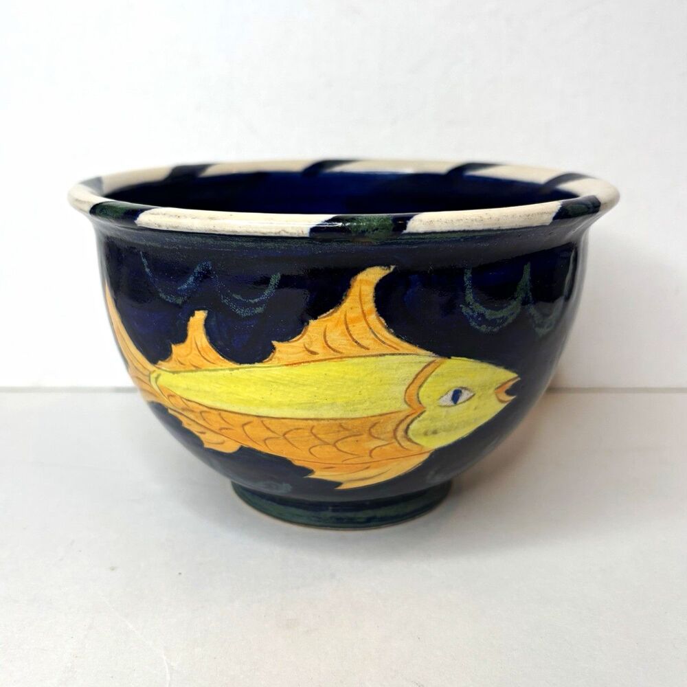 Unmarked Ceramic Pottery Bowl Fish Pattern Blue White Yellow 6.5” Round Glossy
